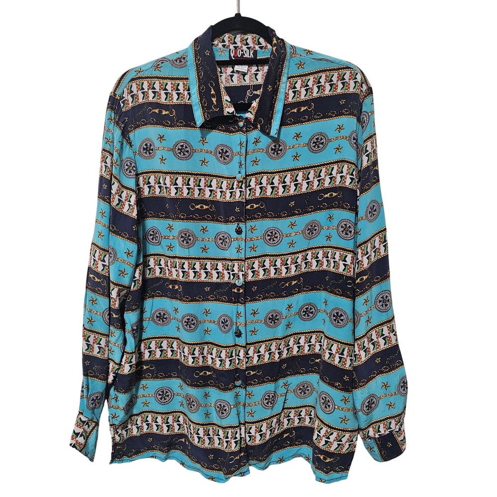 Vintage L Silk Button Up Top‎ Nautical Chain Print Long Sleeve Old Money 80s 90s